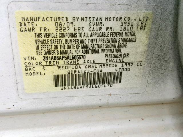 3N1AB6AP5AL605670 - 2010 NISSAN SENTRA 2.0 WHITE photo 10