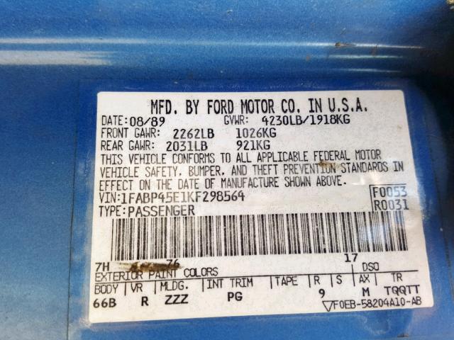 1FABP45E1KF298564 - 1989 FORD MUSTANG GT BLUE photo 10