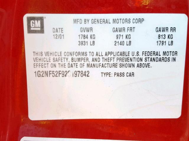 1G2NF52F92C197842 - 2002 PONTIAC GRAND AM S RED photo 10