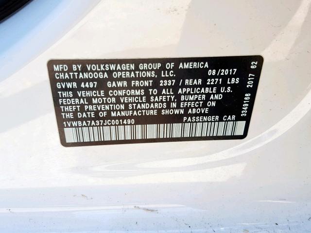 1VWBA7A37JC001490 - 2018 VOLKSWAGEN PASSAT SE WHITE photo 10