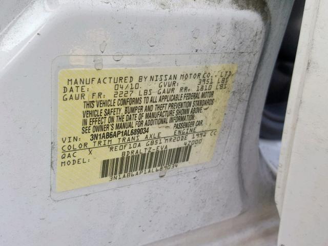 3N1AB6AP1AL689034 - 2010 NISSAN SENTRA 2.0 WHITE photo 10