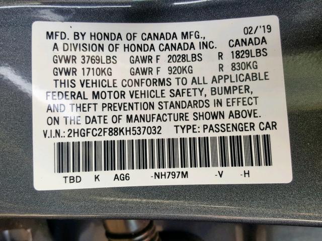 2HGFC2F88KH537032 - 2019 HONDA CIVIC SPOR GRAY photo 10