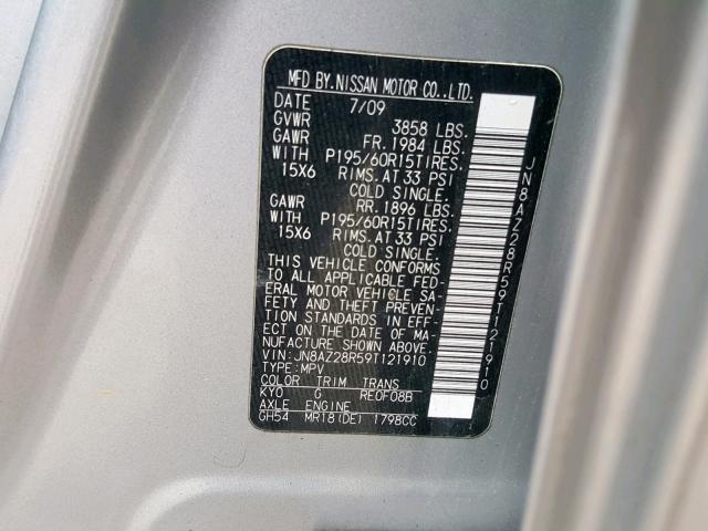 JN8AZ28R59T121910 - 2009 NISSAN CUBE BASE SILVER photo 10