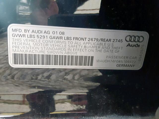 WAUDH74F08N104422 - 2008 AUDI A6 3.2 QUA BLACK photo 10