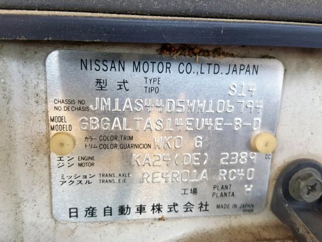 JN1AS44D5WW106794 - 1998 NISSAN 240SX BASE WHITE photo 10