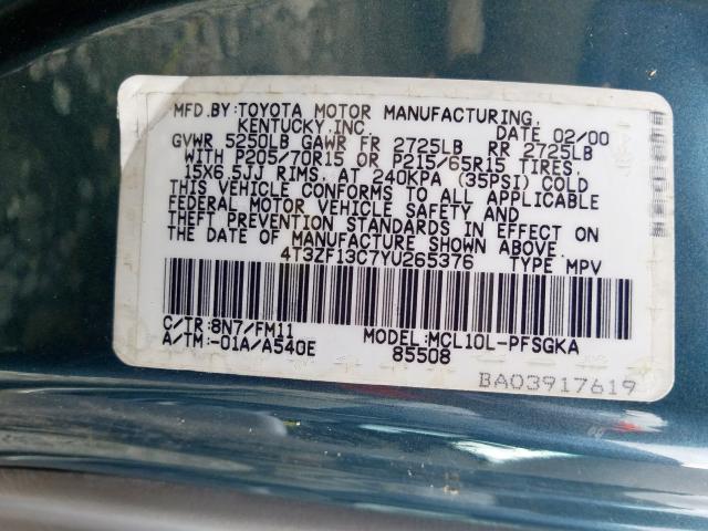 4T3ZF13C7YU265376 - 2000 TOYOTA SIENNA LE  photo 10