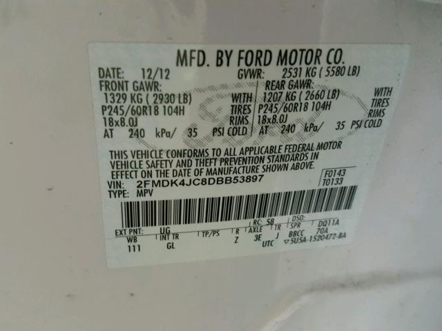 2FMDK4JC8DBB53897 - 2013 FORD EDGE SEL GRAY photo 10