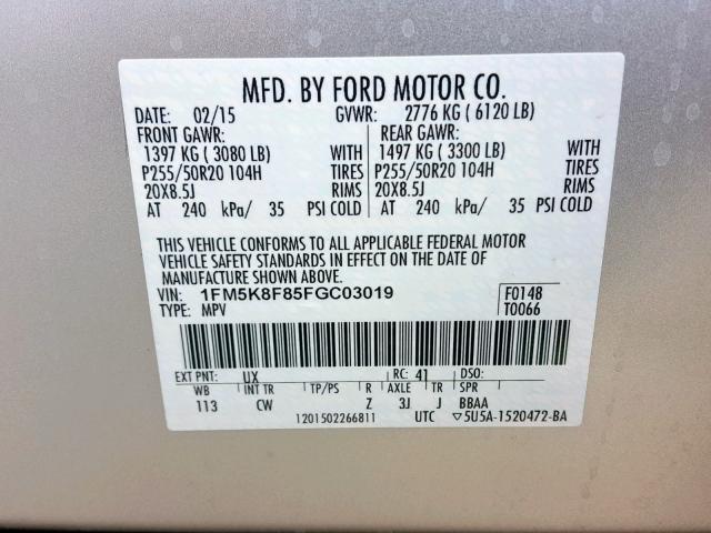 1FM5K8F85FGC03019 - 2015 FORD EXPLORER L SILVER photo 10