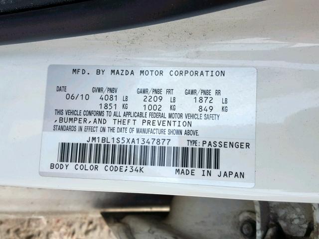 JM1BL1S5XA1347877 - 2010 MAZDA 3 S WHITE photo 10