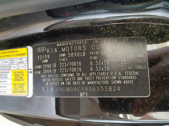 KNDMG4C39A6355824 - 2010 KIA SEDONA LX BLACK photo 10