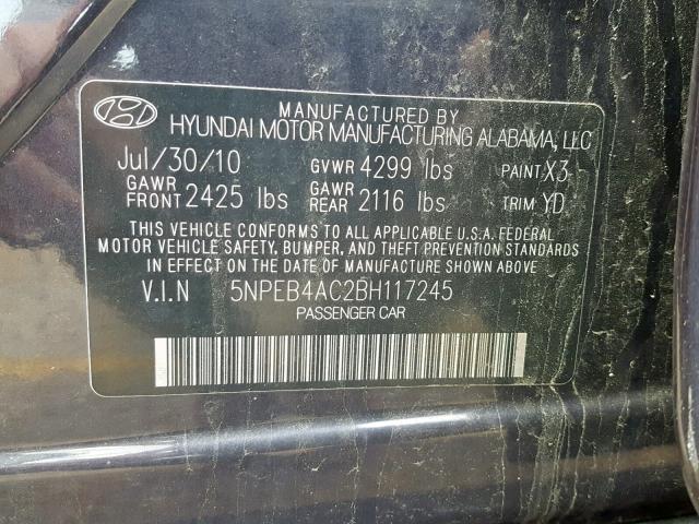 5NPEB4AC2BH117245 - 2011 HYUNDAI SONATA GLS BLUE photo 10