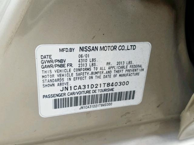 JN1CA31D21T840300 - 2001 NISSAN MAXIMA GXE GOLD photo 10