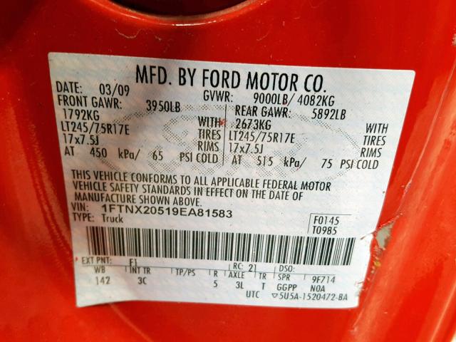 1FTNX20519EA81583 - 2009 FORD F250 SUPER RED photo 10