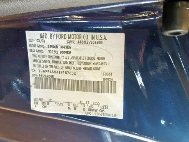 1FAFP46V41F187652 - 2001 FORD MUSTANG CO BLUE photo 10