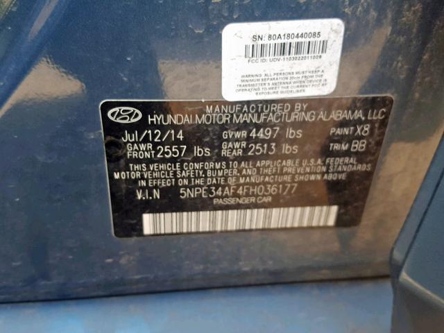 5NPE34AF4FH036177 - 2015 HYUNDAI SONATA SPO BLUE photo 10