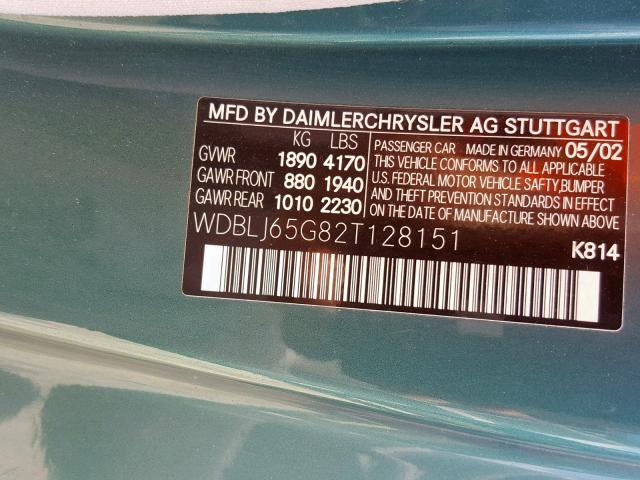 WDBLJ65G82T128151 - 2002 MERCEDES-BENZ CLK 320 TURQUOISE photo 10