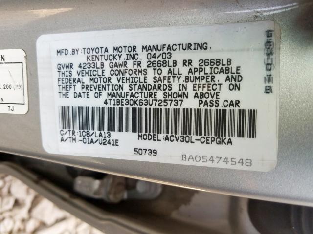 4T1BE30K63U725737 - 2003 TOYOTA CAMRY LE  photo 10