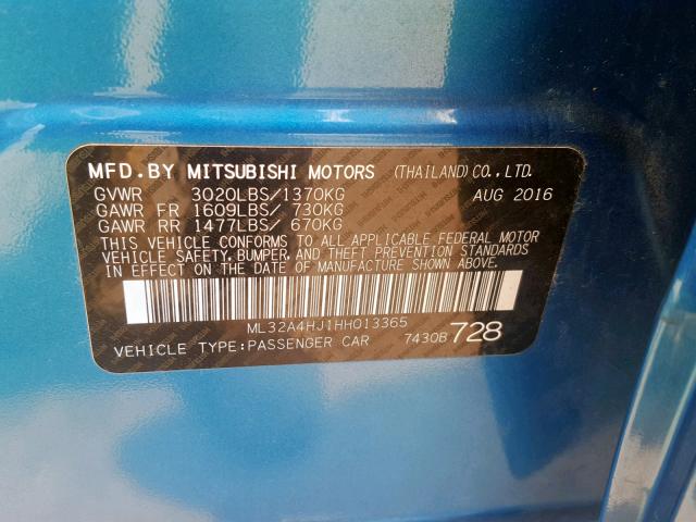 ML32A4HJ1HH013365 - 2017 MITSUBISHI MIRAGE SE BLUE photo 10