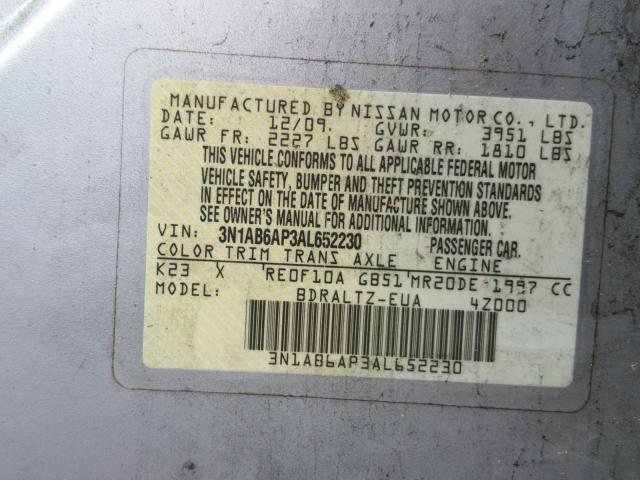 3N1AB6AP3AL652230 - 2010 NISSAN SENTRA 2.0 SILVER photo 10