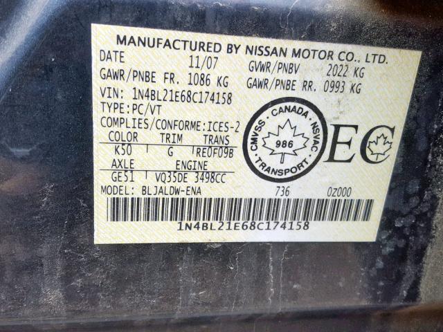 1N4BL21E68C174158 - 2008 NISSAN ALTIMA 3.5 GRAY photo 10