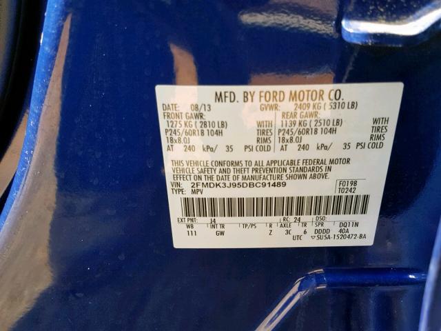 2FMDK3J95DBC91489 - 2013 FORD EDGE SEL BLUE photo 10