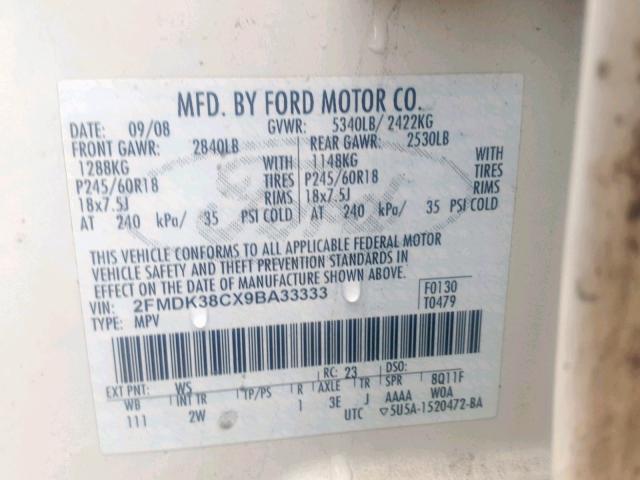 2FMDK38CX9BA33333 - 2009 FORD EDGE SEL WHITE photo 10