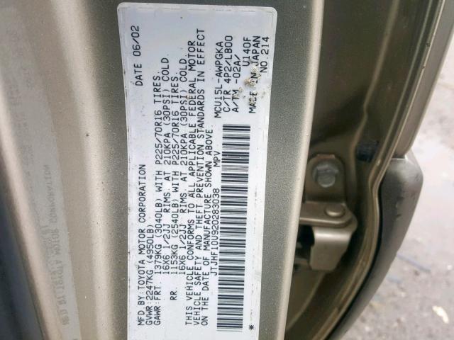 JTJHF10U920283038 - 2002 LEXUS RX 300 GOLD photo 10