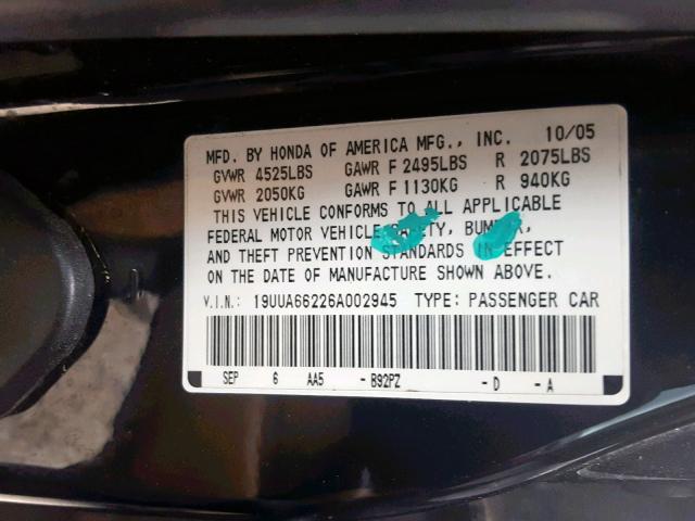 19UUA66226A002945 - 2006 ACURA 3.2TL BLACK photo 10