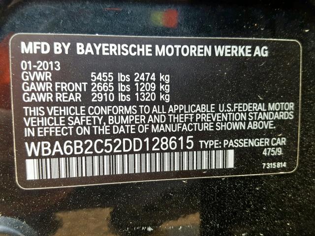 WBA6B2C52DD128615 - 2013 BMW 650 I BLACK photo 10