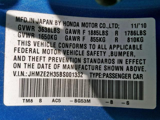 JHMZE2H35BS001332 - 2011 HONDA INSIGHT BLUE photo 10