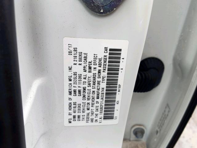 19UUB2F31JA008744 - 2018 ACURA TLX WHITE photo 10