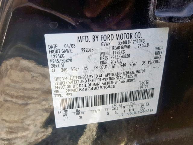 2FMDK49C48BB16646 - 2008 FORD EDGE LIMIT BLACK photo 10