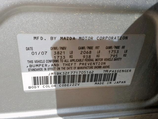 JM1BK32F771705162 - 2007 MAZDA 3 I SILVER photo 10