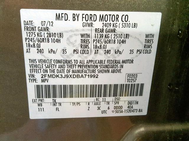 2FMDK3J9XDBA71992 - 2013 FORD EDGE SEL GRAY photo 10