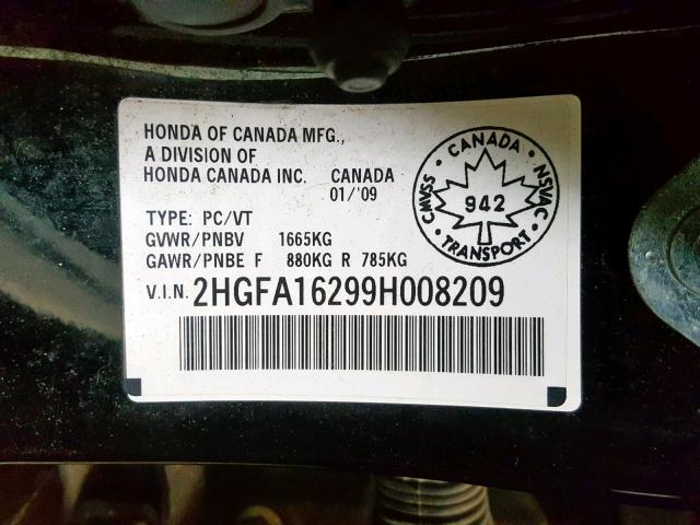 2HGFA16299H008209 - 2009 HONDA CIVIC DX BLACK photo 10