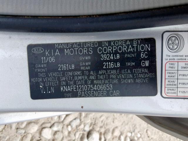 KNAFE121075406653 - 2007 KIA SPECTRA EX GRAY photo 10