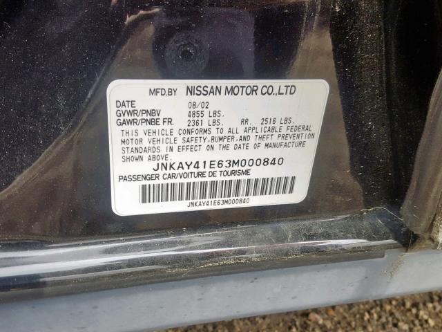 JNKAY41E63M000840 - 2003 INFINITI M45 BLACK photo 10