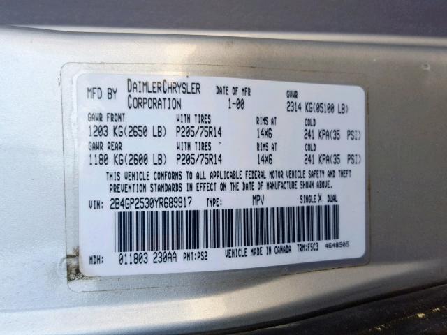 2B4GP2530YR689917 - 2000 DODGE CARAVAN SILVER photo 10