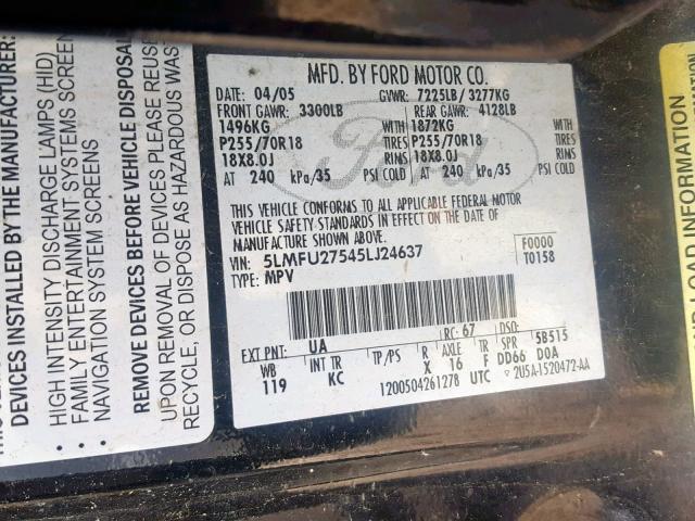 5LMFU27545LJ24637 - 2005 LINCOLN NAVIGATOR 黑色 照片 10