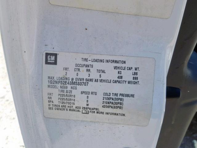 1G2NF52E43M533707 - 2003 PONTIAC GRAND AM S WHITE photo 10