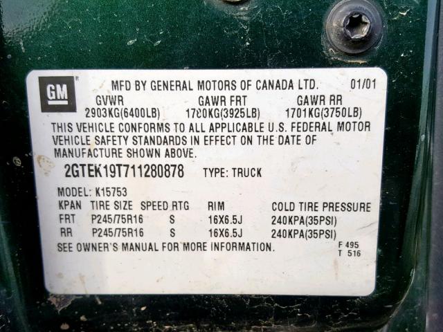 2GTEK19T711280878 - 2001 GMC NEW SIERRA GREEN photo 10