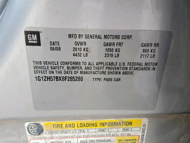 1G1ZH57BX8F285280 - 2008 CHEVROLET MALIBU 1LT SILVER photo 10