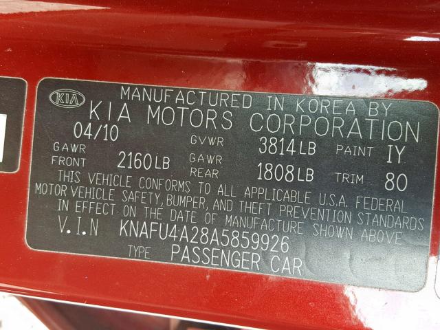 KNAFU4A28A5859926 - 2010 KIA FORTE EX RED photo 10