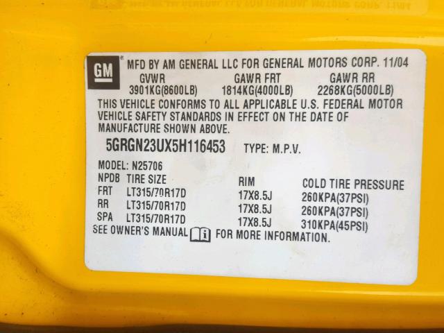 5GRGN23UX5H116453 - 2005 HUMMER H2 YELLOW photo 10