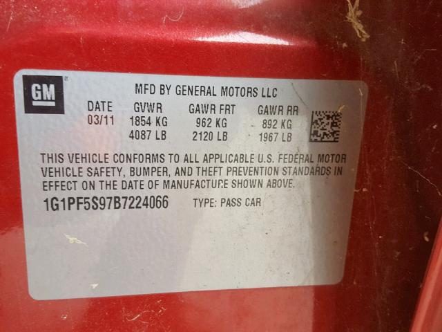 1G1PF5S97B7224066 - 2011 CHEVROLET CRUZE LT RED photo 10