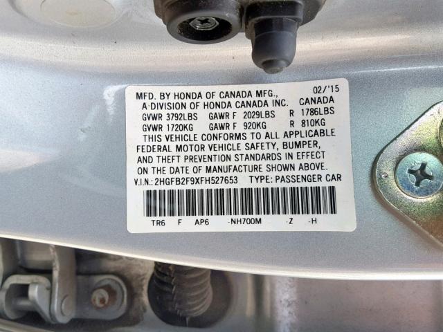 2HGFB2F9XFH527653 - 2015 HONDA CIVIC EXL SILVER photo 10