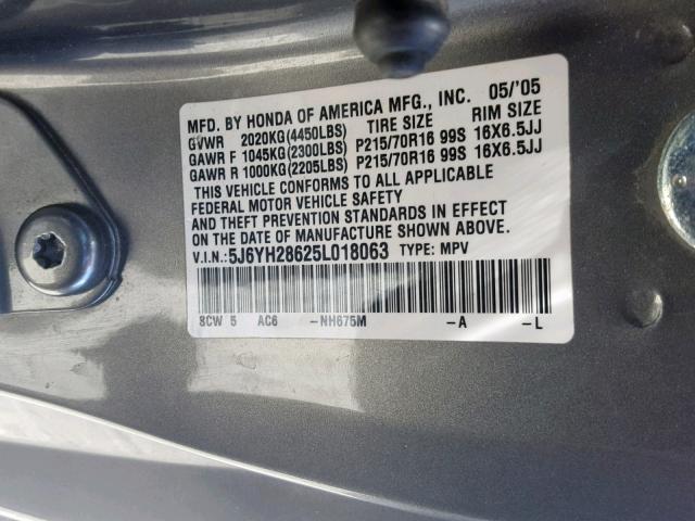 5J6YH28625L018063 - 2005 HONDA ELEMENT EX GRAY photo 10