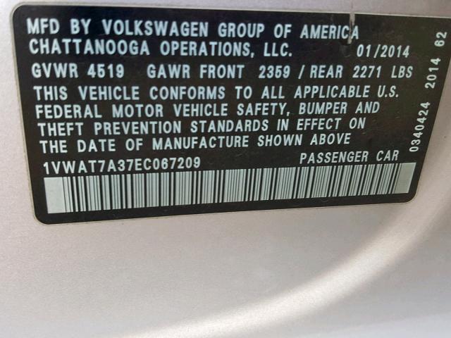 1VWAT7A37EC067209 - 2014 VOLKSWAGEN PASSAT S SILVER photo 10