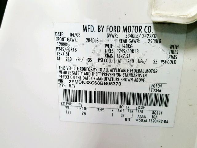 2FMDK38C68BB05370 - 2008 FORD EDGE SEL WHITE photo 10