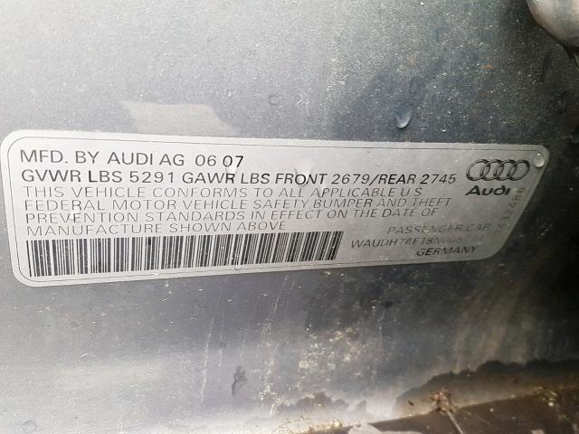 WAUDH74F18N005771 - 2008 AUDI A6 3.2 QUA GRAY photo 10